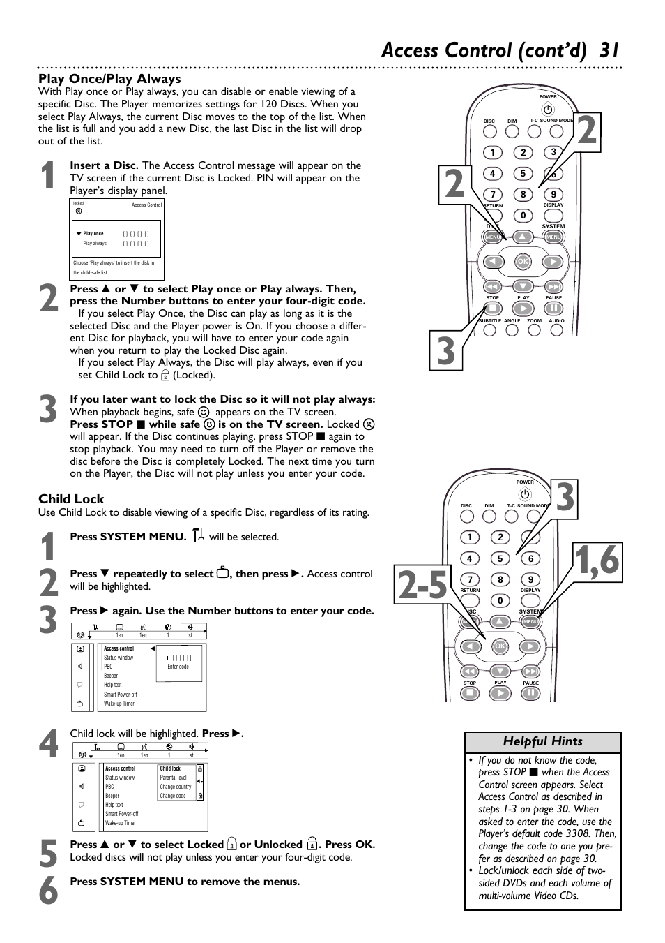 Access control (cont’d) 31, Helpful hints, Child lock | Play once/play always | Philips DVD795SA User Manual | Page 31 / 56