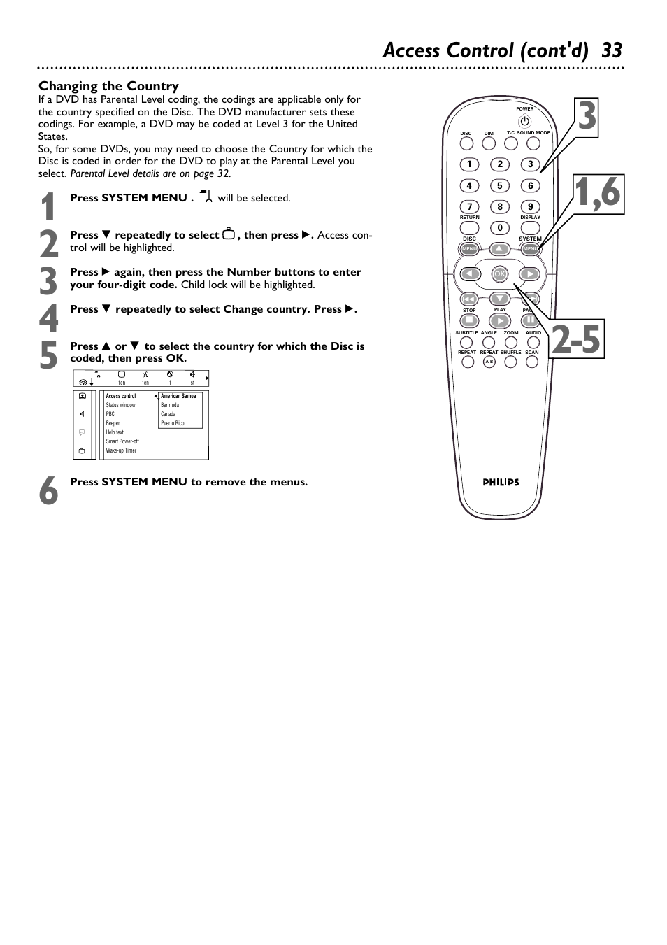 Access control (cont'd) 33, Changing the country | Philips DVD795SA User Manual | Page 33 / 56