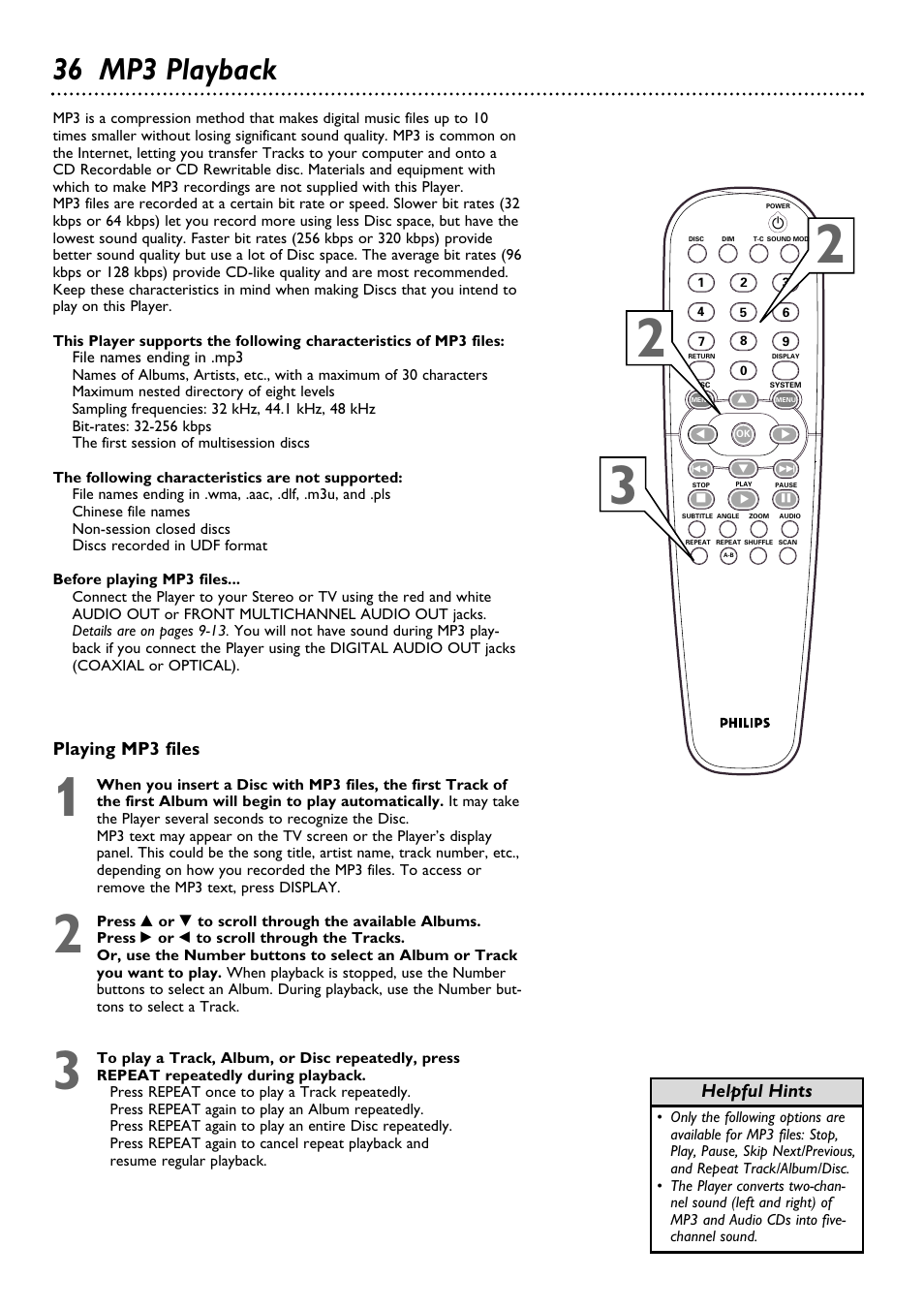 36 mp3 playback, Playing mp3 files, Helpful hints | Philips DVD795SA User Manual | Page 36 / 56