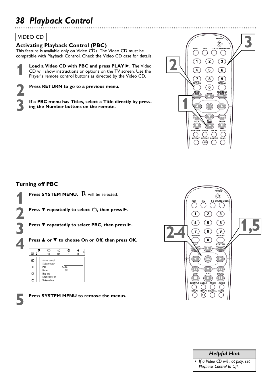 38 playback control, Activating playback control (pbc), Video cd | Turning off pbc, Helpful hint | Philips DVD795SA User Manual | Page 38 / 56