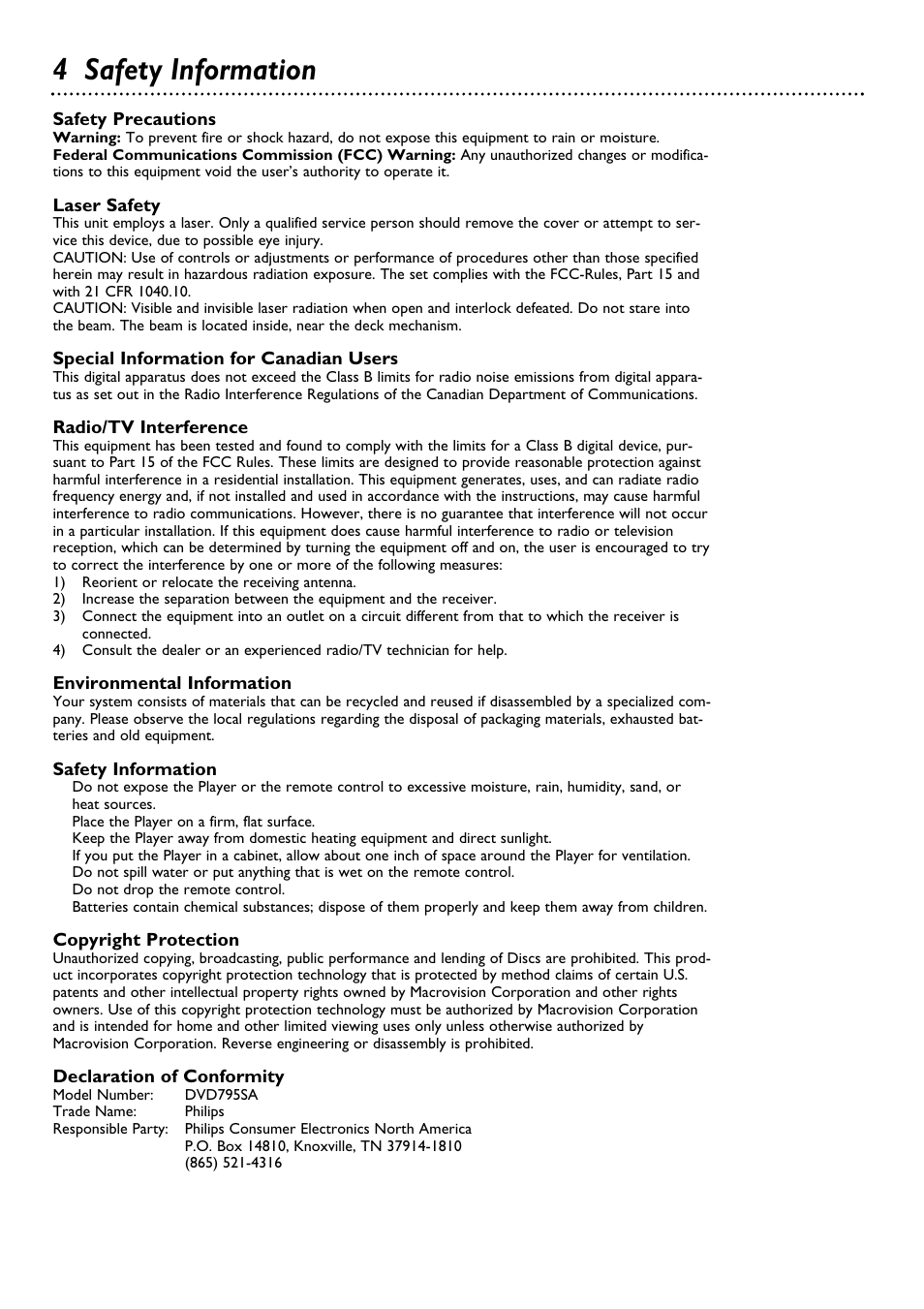 4 safety information | Philips DVD795SA User Manual | Page 4 / 56