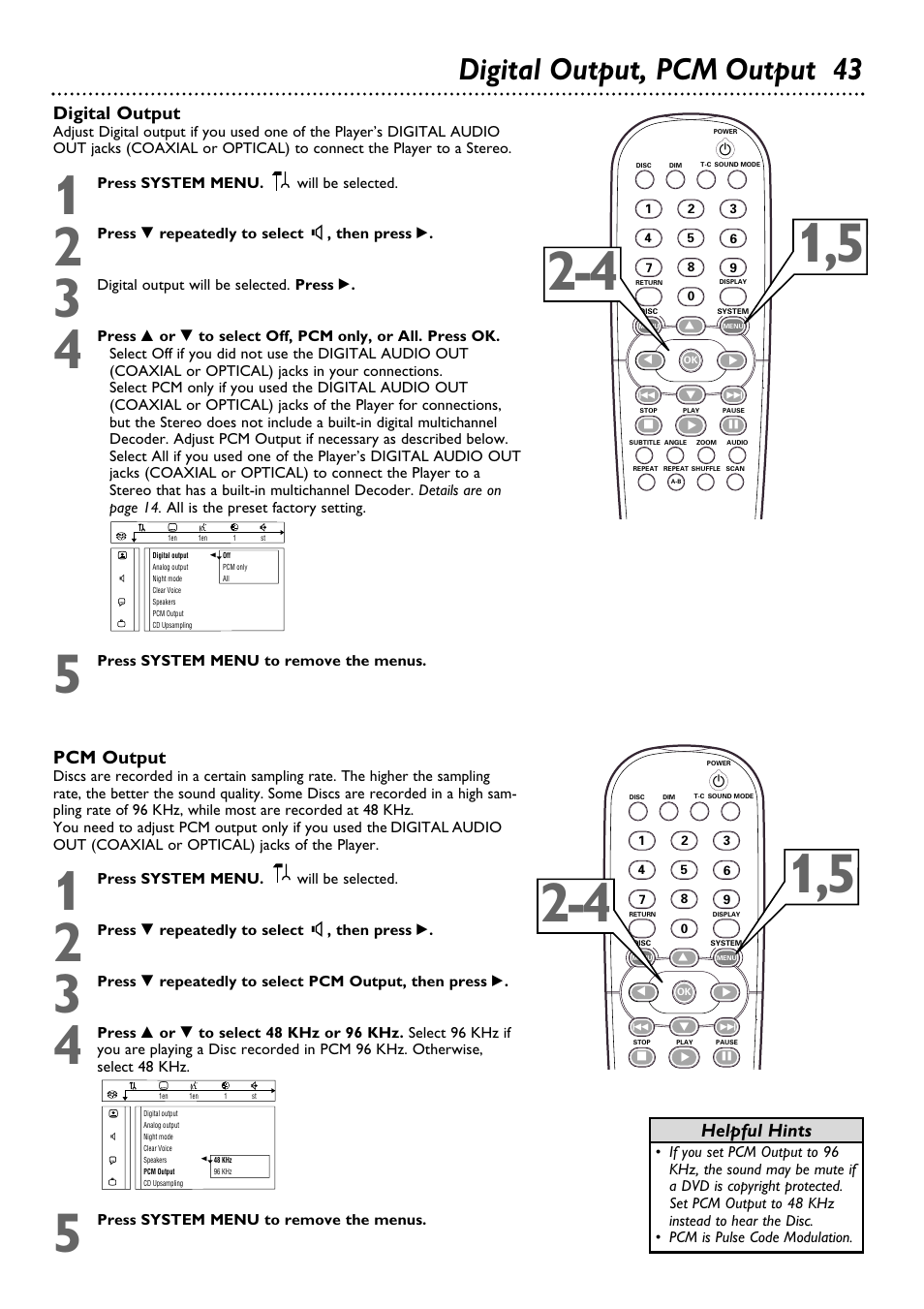 Digital output, pcm output 43, Digital output, Helpful hints | Pcm output | Philips DVD795SA User Manual | Page 43 / 56