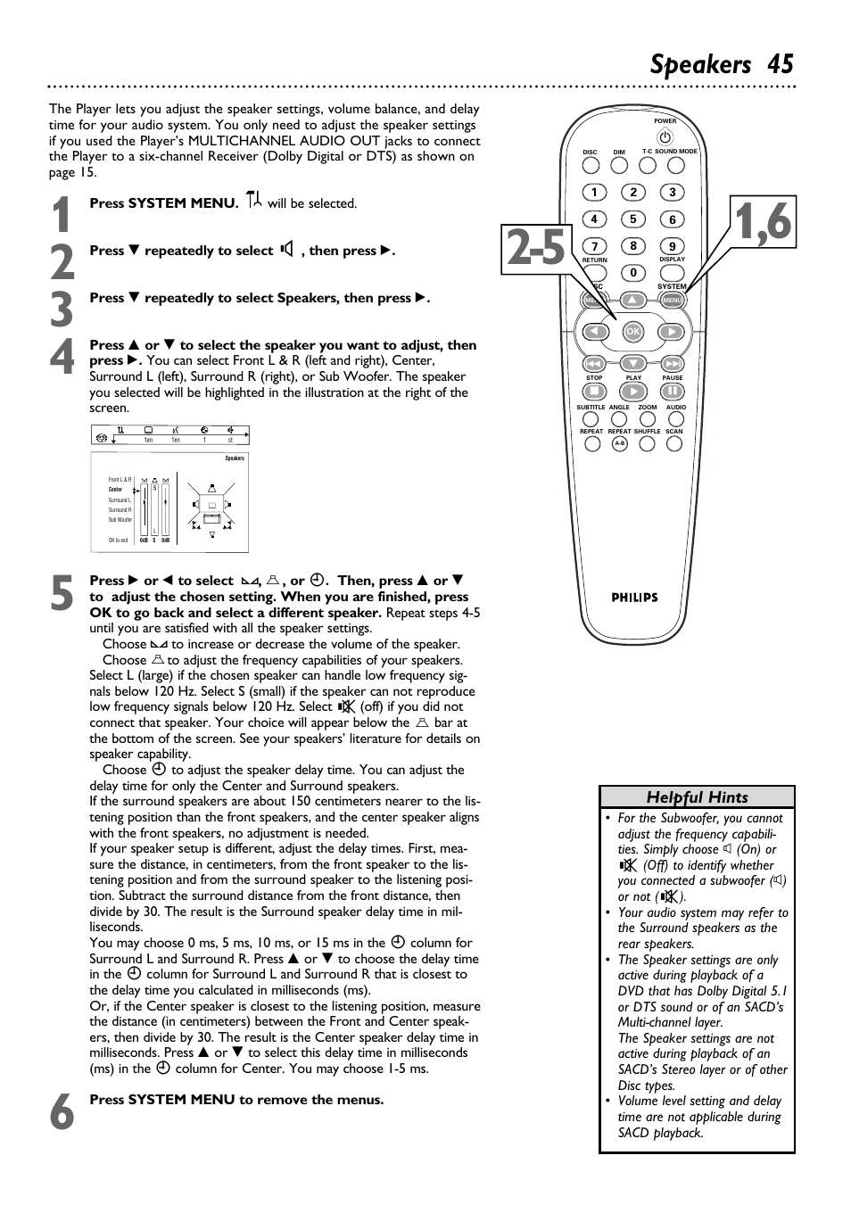 Speakers 45, Helpful hints z z | Philips DVD795SA User Manual | Page 45 / 56