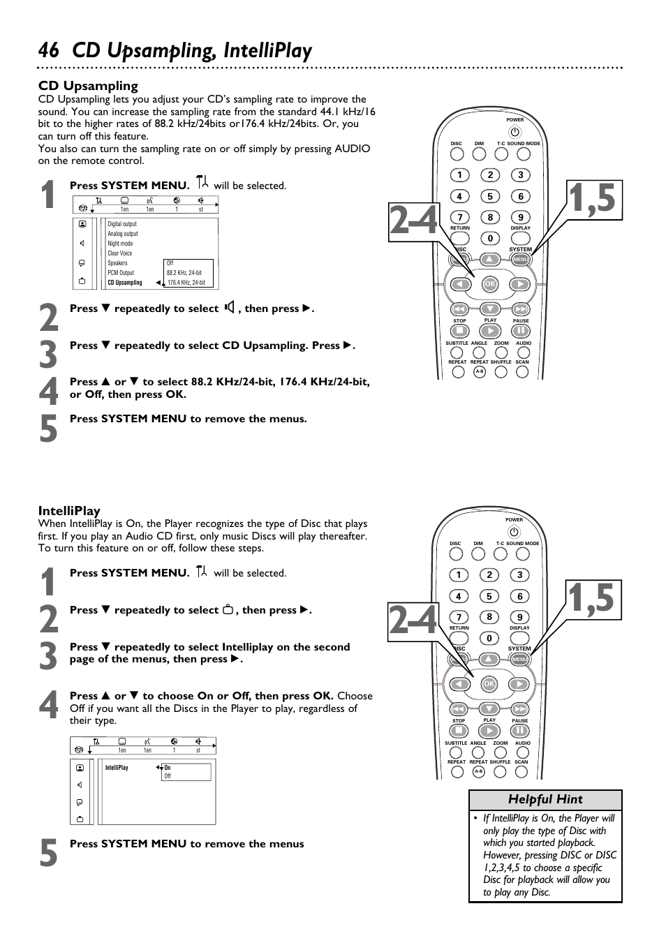 46 cd upsampling, intelliplay, Intelliplay, Cd upsampling | Helpful hint | Philips DVD795SA User Manual | Page 46 / 56