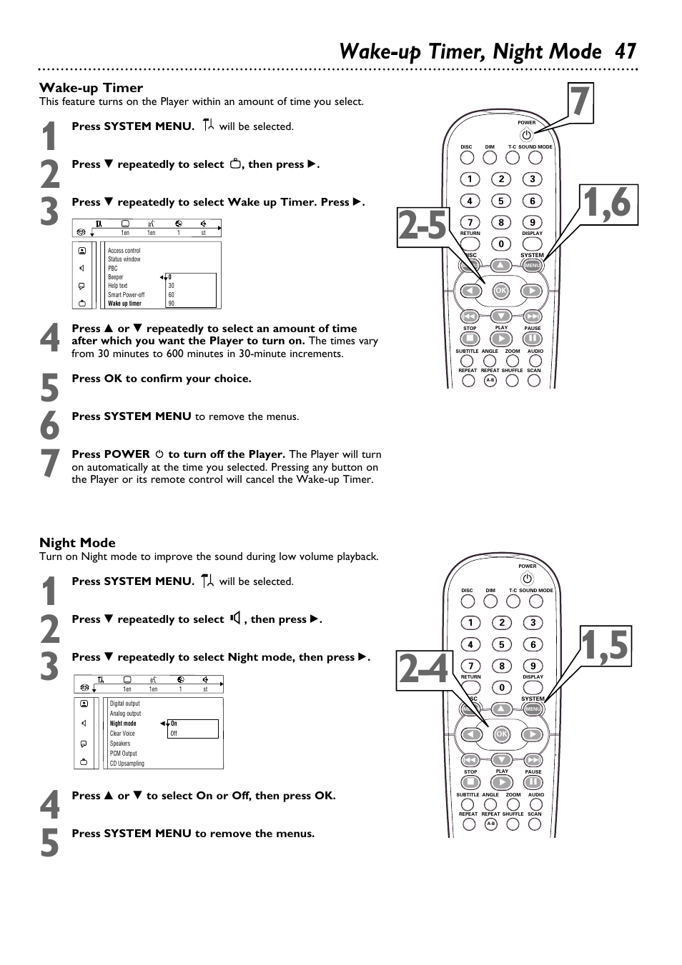 Wake-up timer, night mode 47, Night mode, Wake-up timer | Philips DVD795SA User Manual | Page 47 / 56