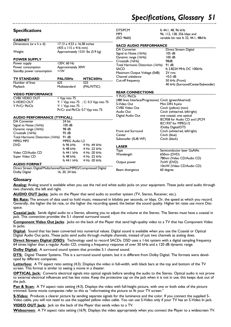 Specifications, glossary 51, Specifications, Glossary | Philips DVD795SA User Manual | Page 51 / 56