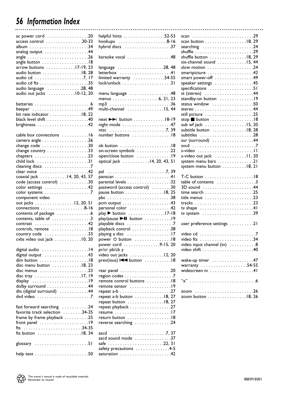 56 information index | Philips DVD795SA User Manual | Page 56 / 56