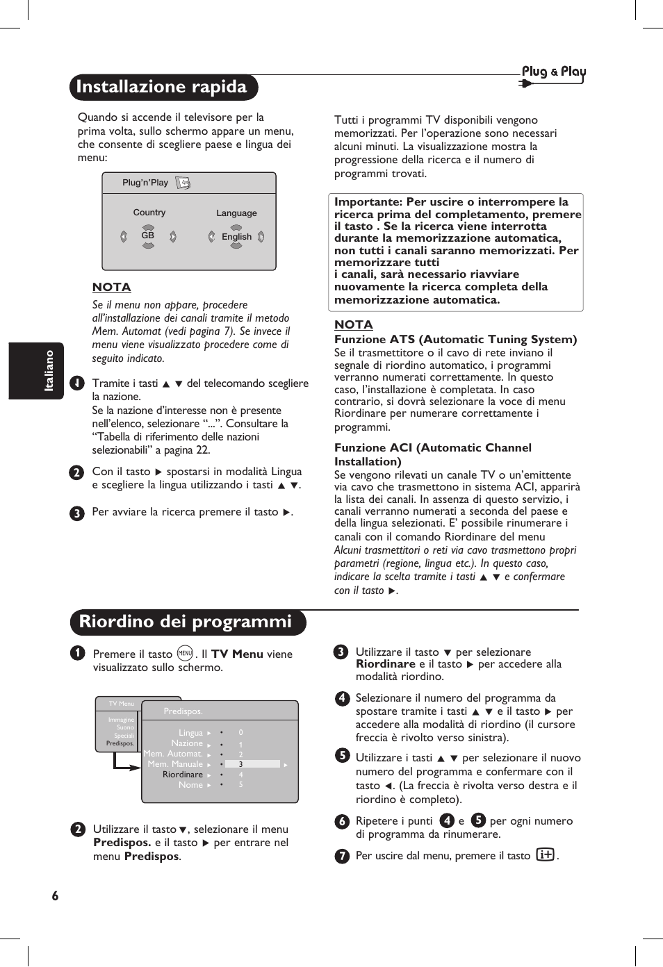 Installazione rapida, Riordino dei programmi | Philips 20PF User Manual | Page 100 / 272