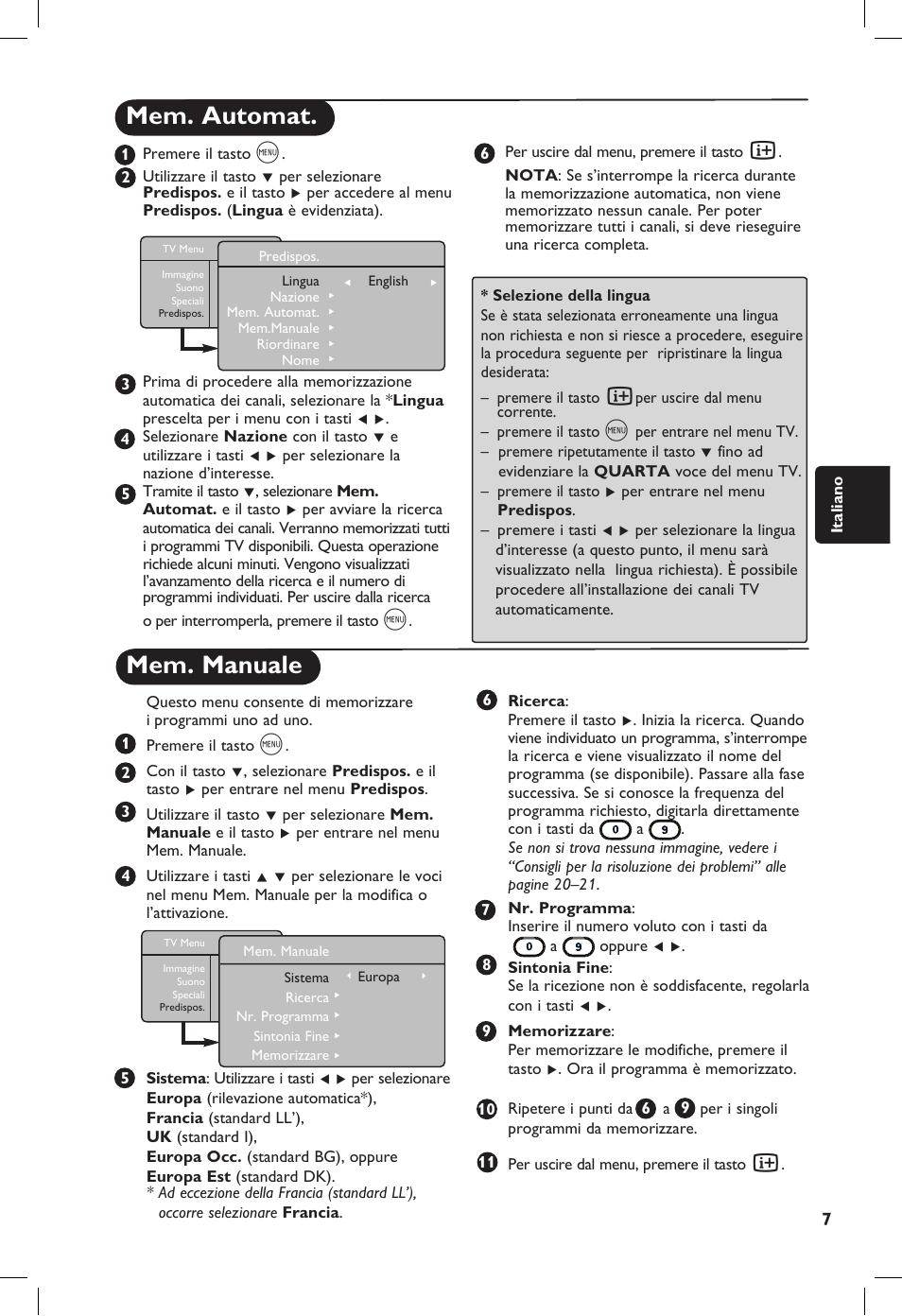 Mem. manuale, Mem. automat | Philips 20PF User Manual | Page 101 / 272