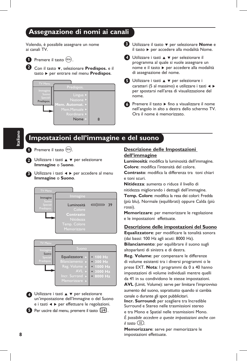 Assegnazione di nomi ai canali, Impostazioni dell’immagine e del suono | Philips 20PF User Manual | Page 102 / 272