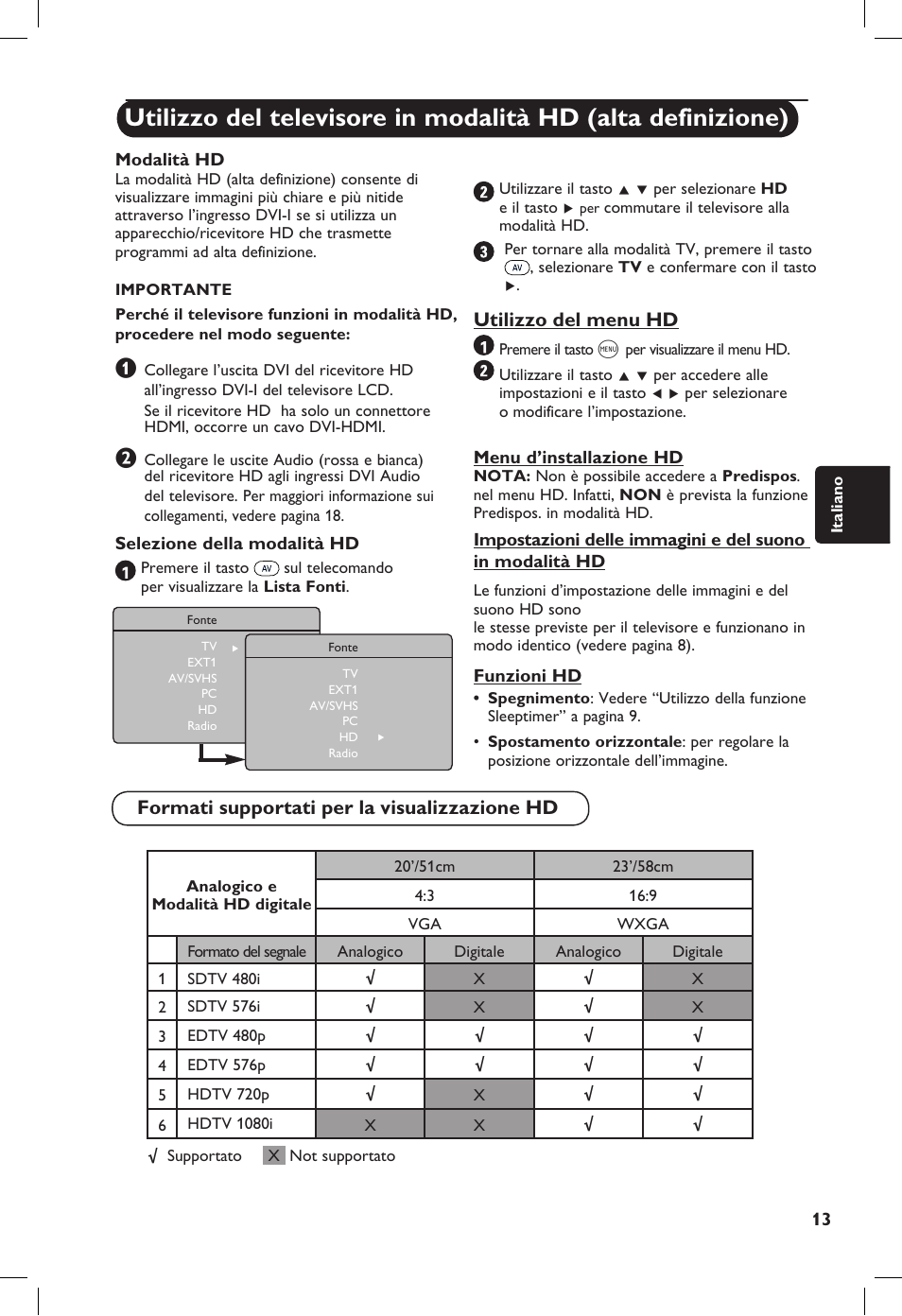 Utilizzo del menu hd, Formati supportati per la visualizzazione hd | Philips 20PF User Manual | Page 107 / 272