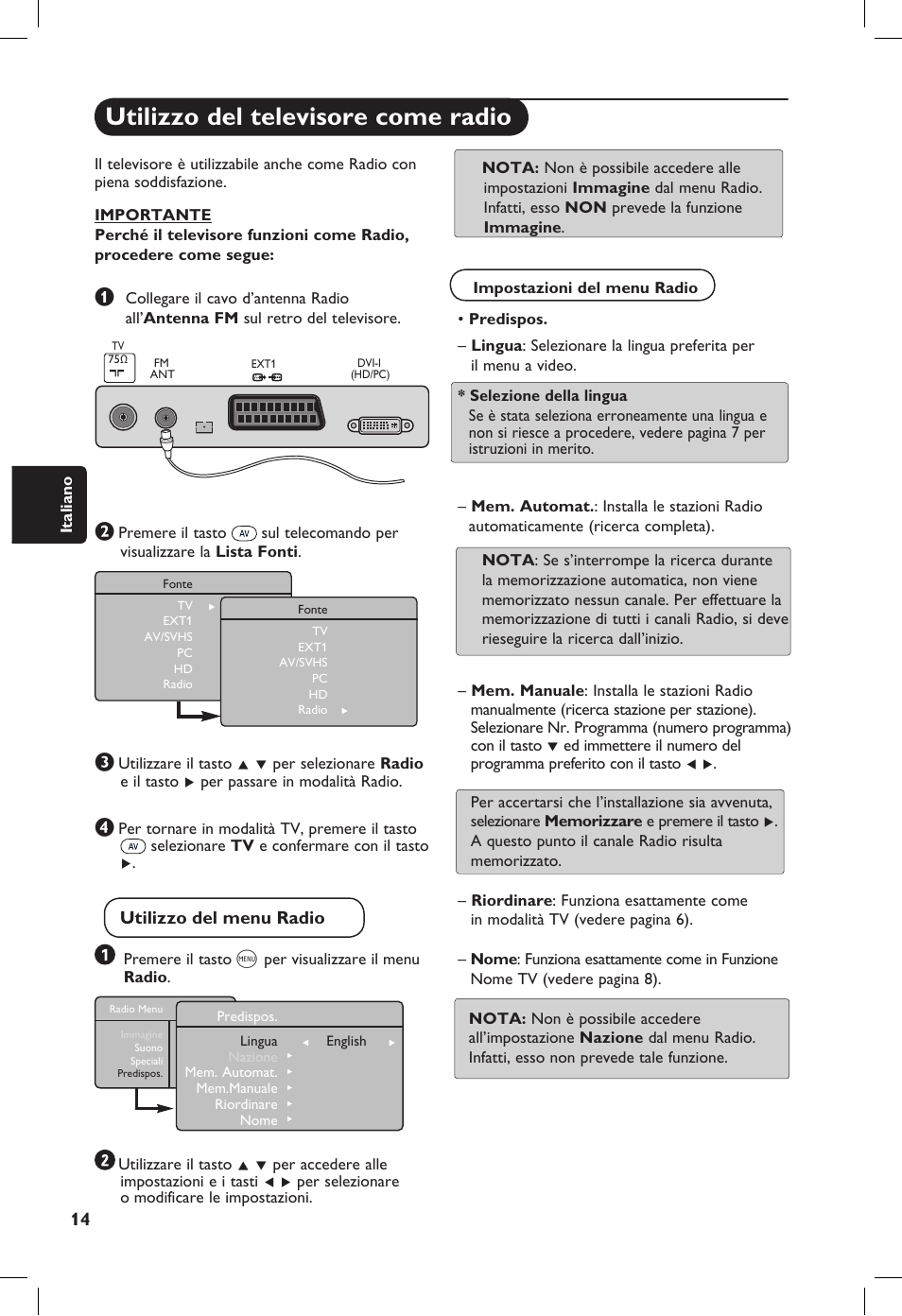 Utilizzo del televisore come radio, Utilizzo del menu radio | Philips 20PF User Manual | Page 108 / 272