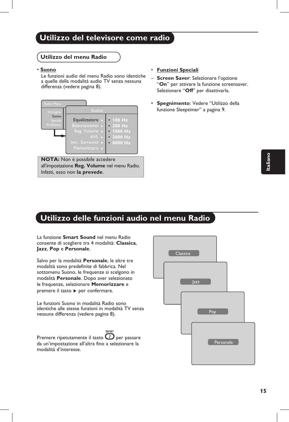 Utilizzo del televisore come radio, Utilizzo delle funzioni audio nel menu radio | Philips 20PF User Manual | Page 109 / 272