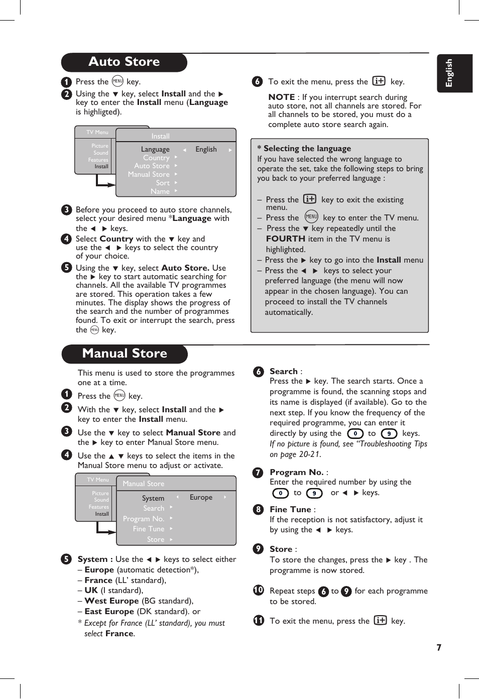 Manual store, Auto store | Philips 20PF User Manual | Page 13 / 272