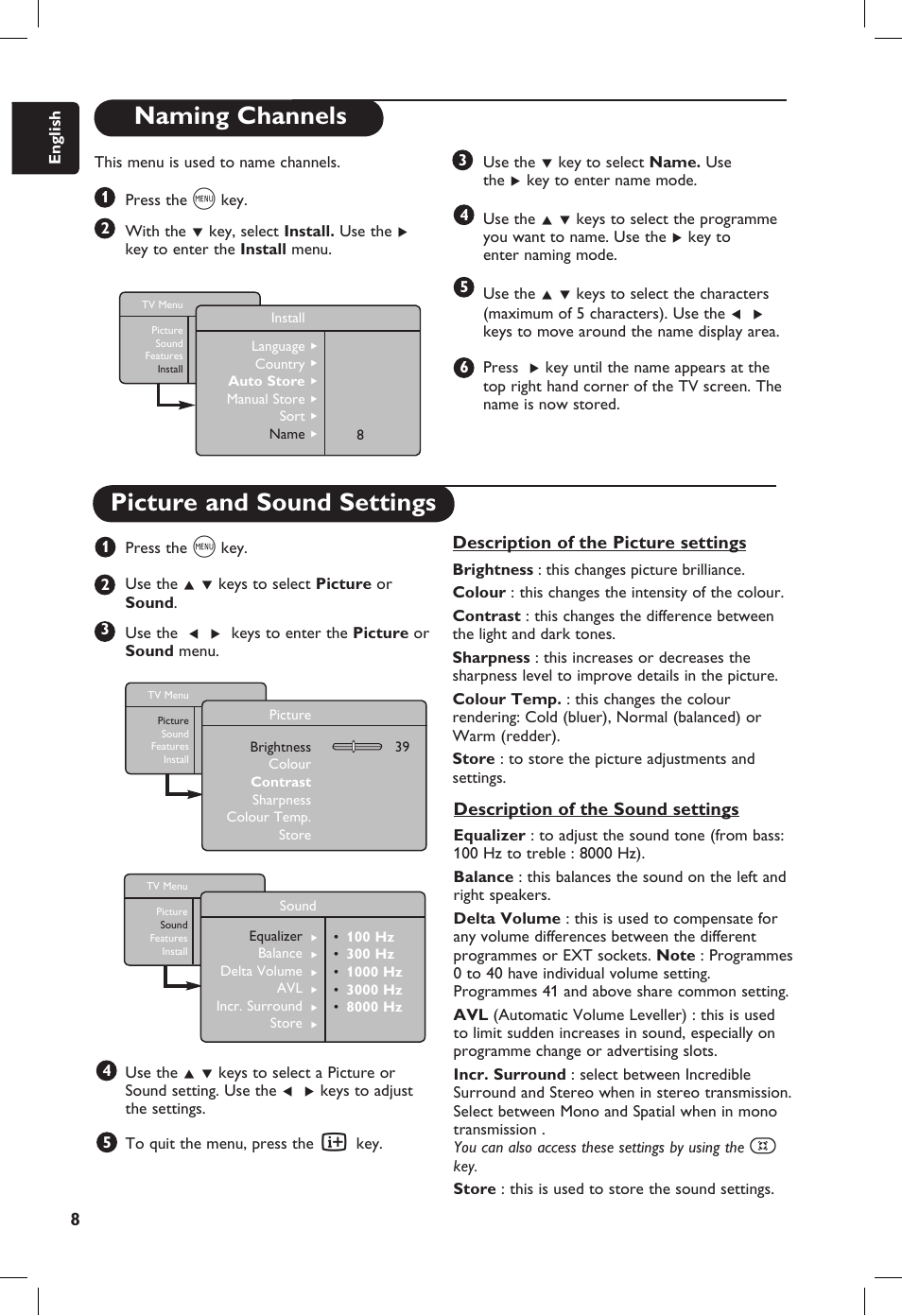 Naming channels, Picture and sound settings | Philips 20PF User Manual | Page 14 / 272