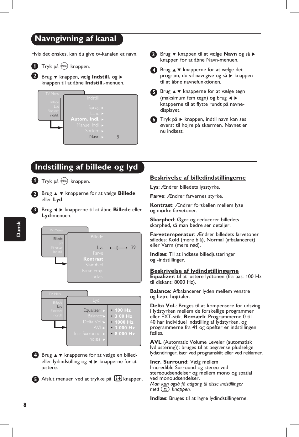 Navngivning af kanal, Indstilling af billede og lyd | Philips 20PF User Manual | Page 146 / 272