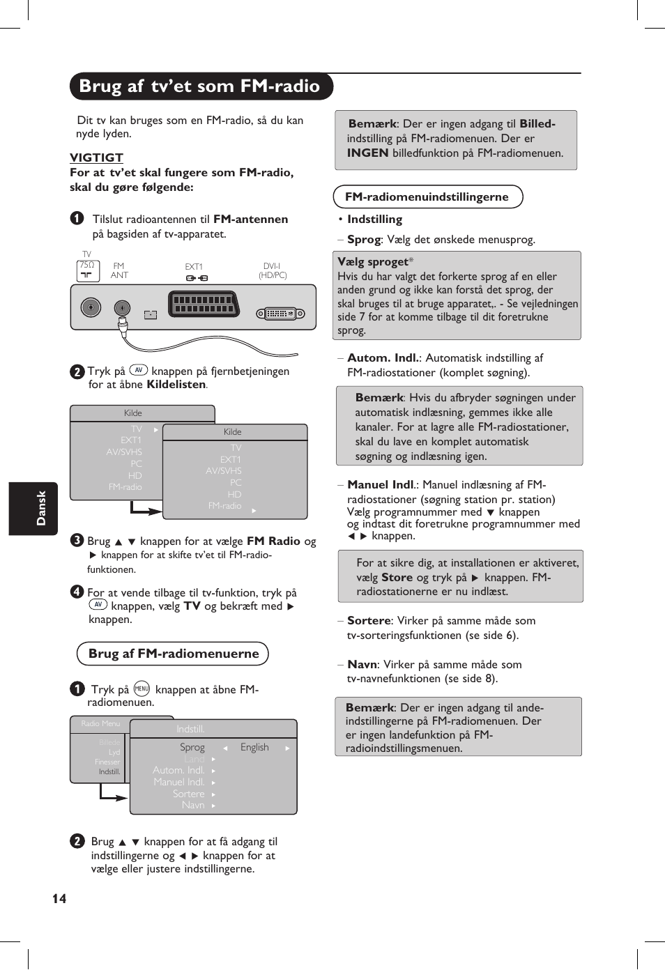 Brug af tv’et som fm-radio, Brug af fm-radiomenuerne | Philips 20PF User Manual | Page 152 / 272