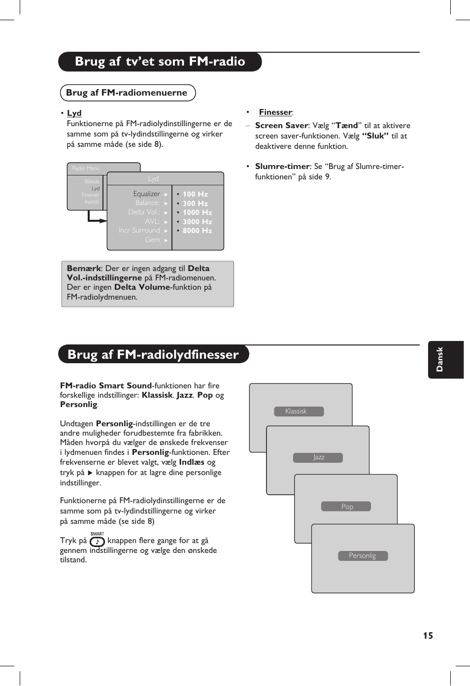 Brug af tv’et som fm-radio, Brug af fm-radiolydfinesser, Brug af fm-radiomenuerne | Philips 20PF User Manual | Page 153 / 272