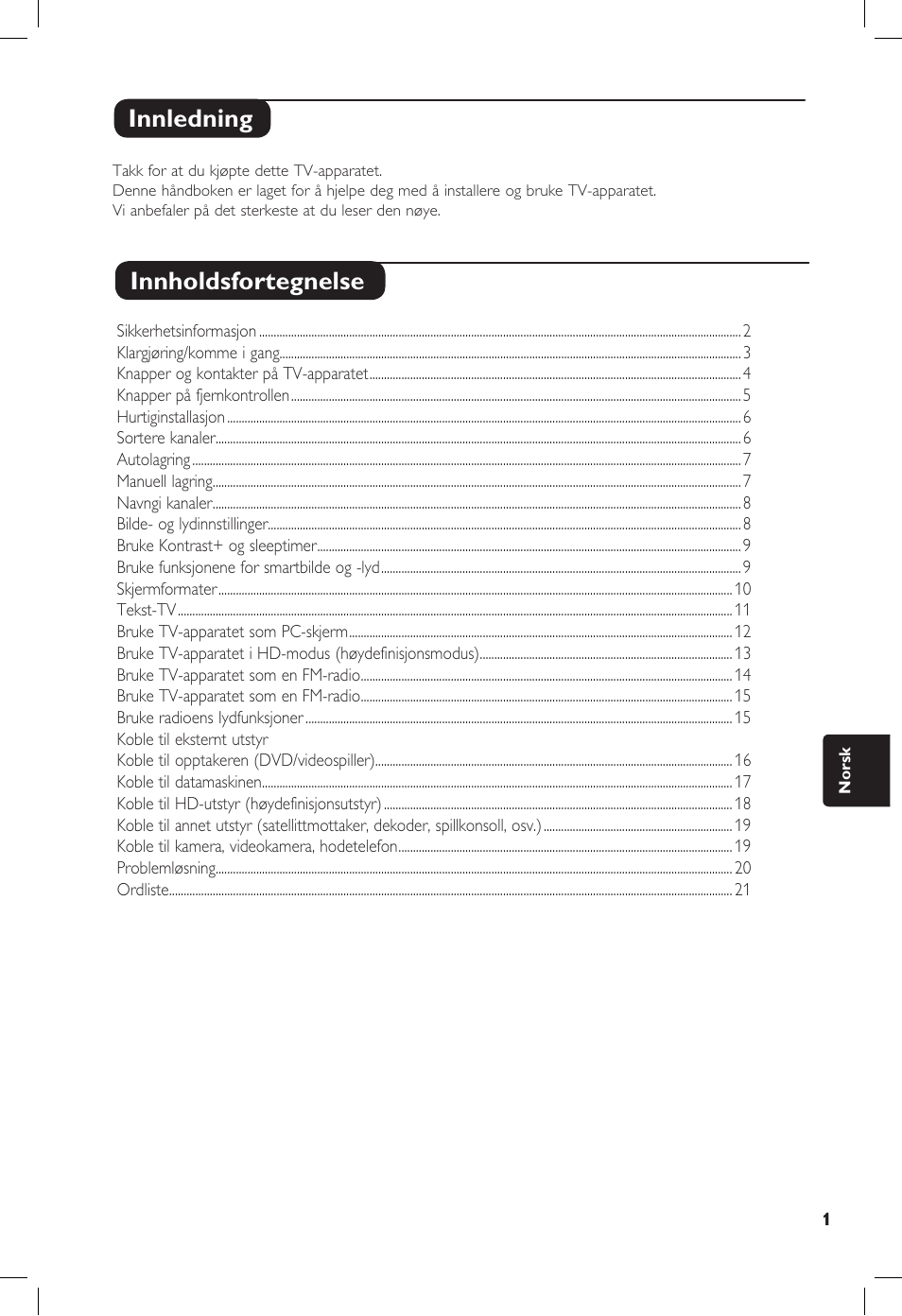 Innledning innholdsfortegnelse | Philips 20PF User Manual | Page 161 / 272