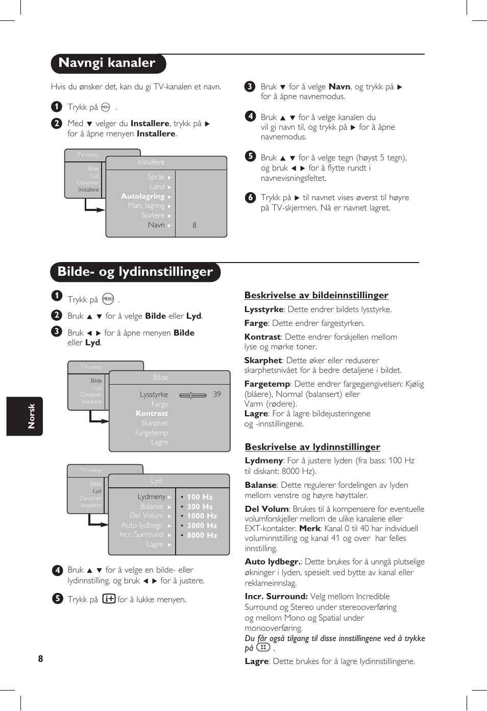 Navngi kanaler, Bilde- og lydinnstillinger, Beskrivelse av lydinnstillinger | Beskrivelse av bildeinnstillinger | Philips 20PF User Manual | Page 168 / 272
