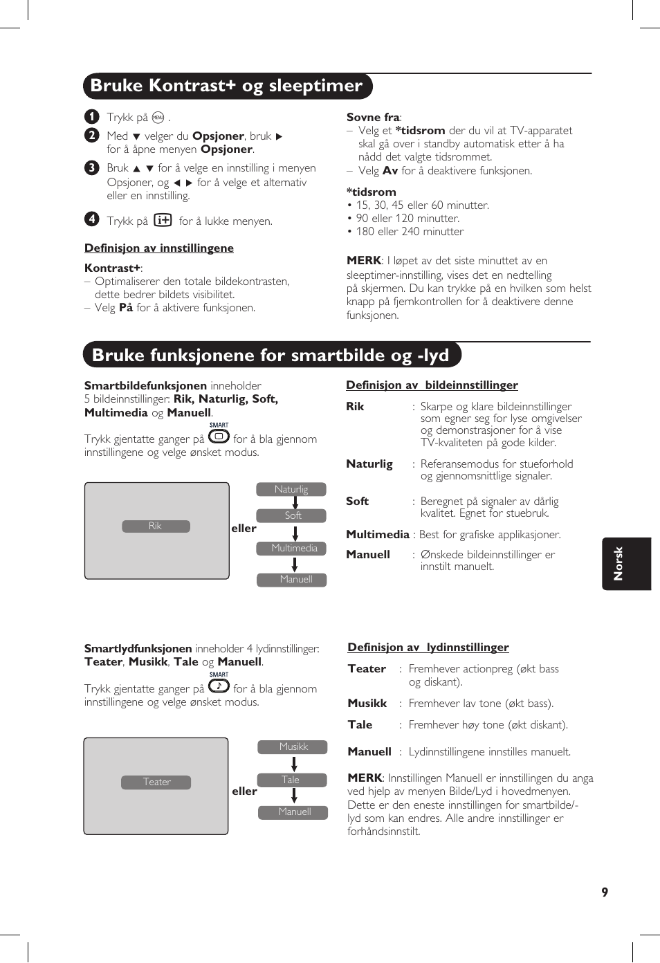 Bruke kontrast+ og sleeptimer, Bruke funksjonene for smartbilde og -lyd | Philips 20PF User Manual | Page 169 / 272