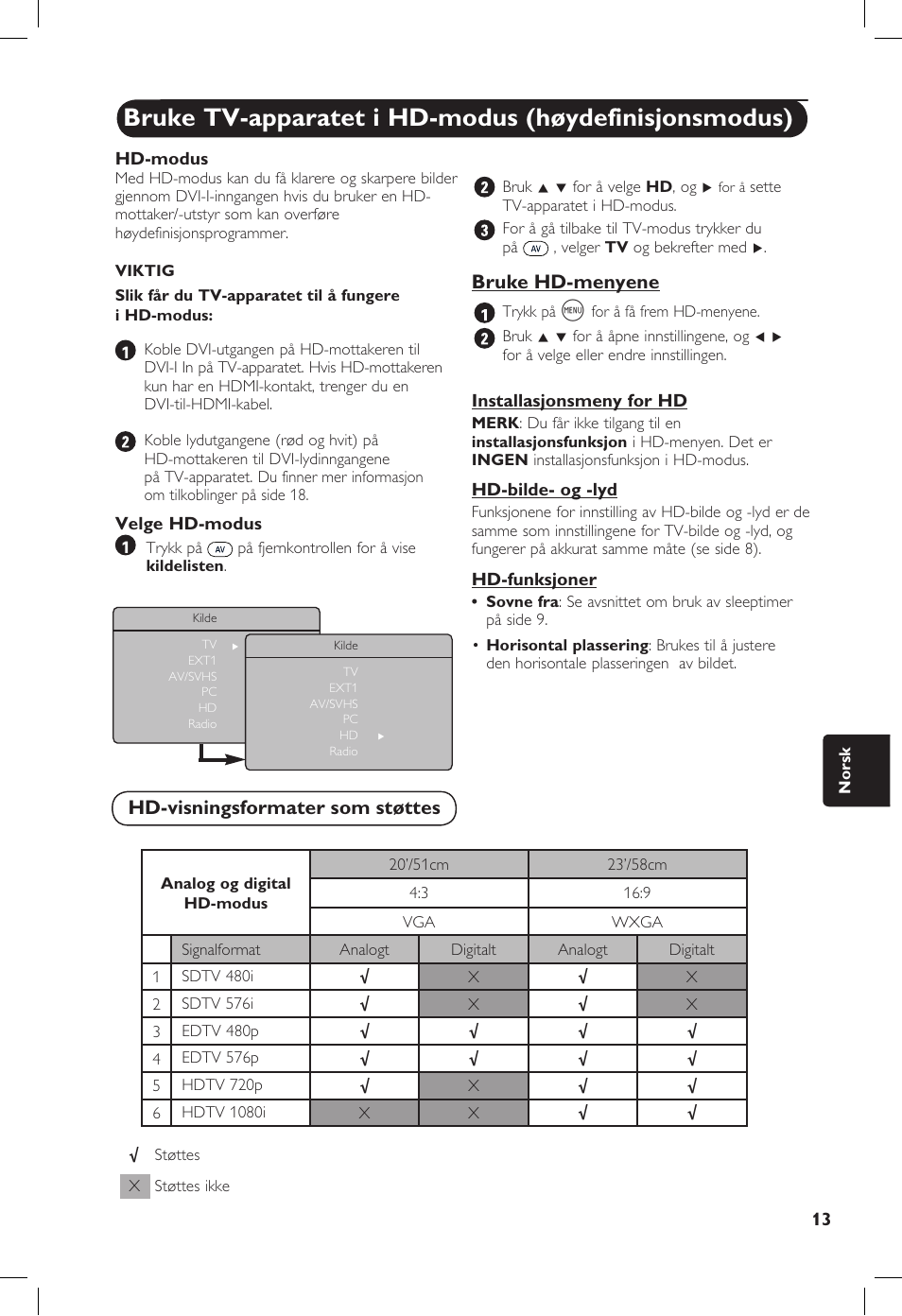 Bruke hd-menyene, Hd-visningsformater som støttes | Philips 20PF User Manual | Page 173 / 272