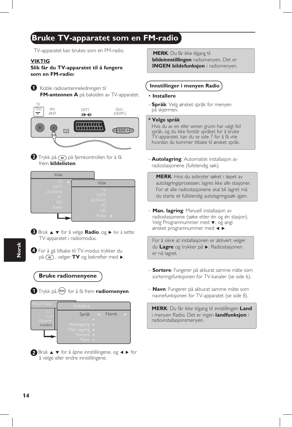 Bruke tv-apparatet som en fm-radio, Bruke radiomenyene | Philips 20PF User Manual | Page 174 / 272