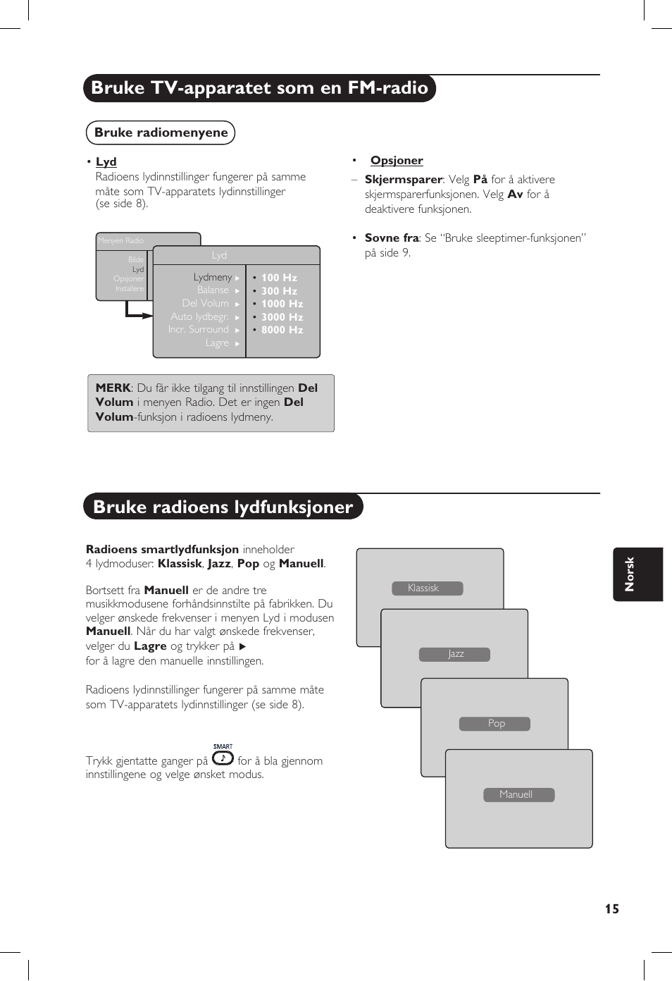 Bruke tv-apparatet som en fm-radio, Bruke radioens lydfunksjoner, Bruke radiomenyene | Philips 20PF User Manual | Page 175 / 272