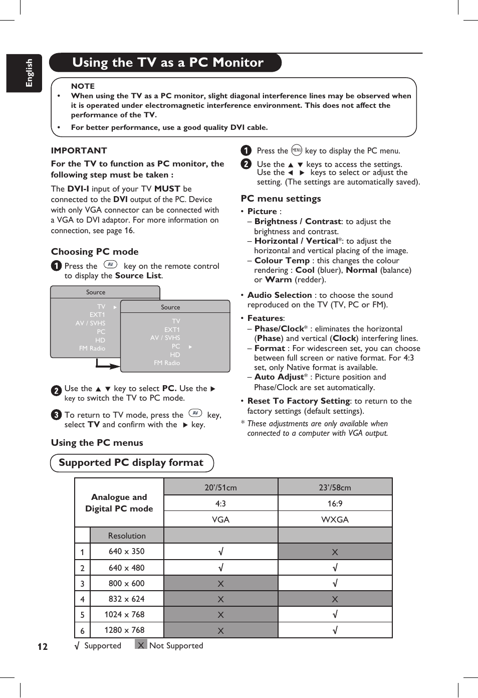 Using the tv as a pc monitor, Supported pc display format | Philips 20PF User Manual | Page 18 / 272