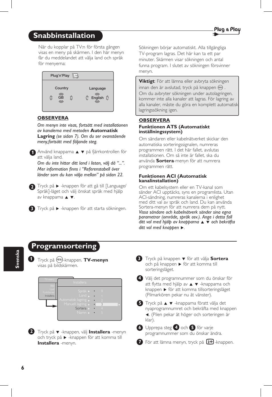 Snabbinstallation, Programsortering | Philips 20PF User Manual | Page 188 / 272