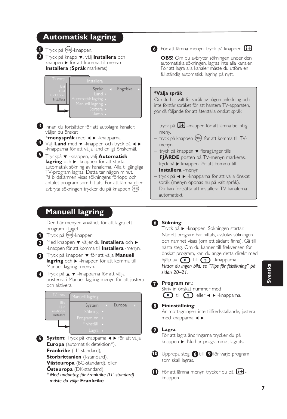 Manuell lagring, Automatisk lagring | Philips 20PF User Manual | Page 189 / 272