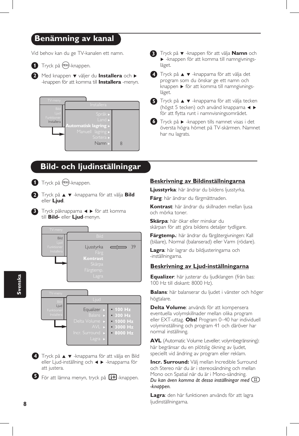 Benämning av kanal, Bild- och ljudinställningar, Beskrivning av ljud-inställningarna | Beskrivning av bildinställningarna | Philips 20PF User Manual | Page 190 / 272