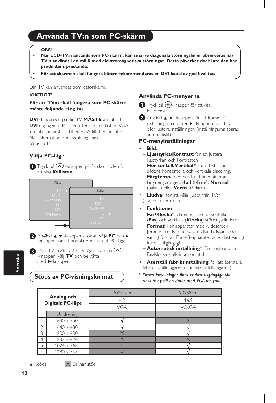 Använda tv:n som pc-skärm, Stöds av pc-visningsformat | Philips 20PF User Manual | Page 194 / 272