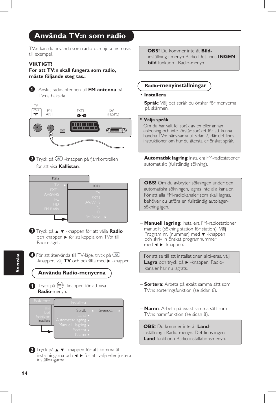 Använda tv:n som radio, Menyinställningar, Använda radio-menyerna | Philips 20PF User Manual | Page 196 / 272