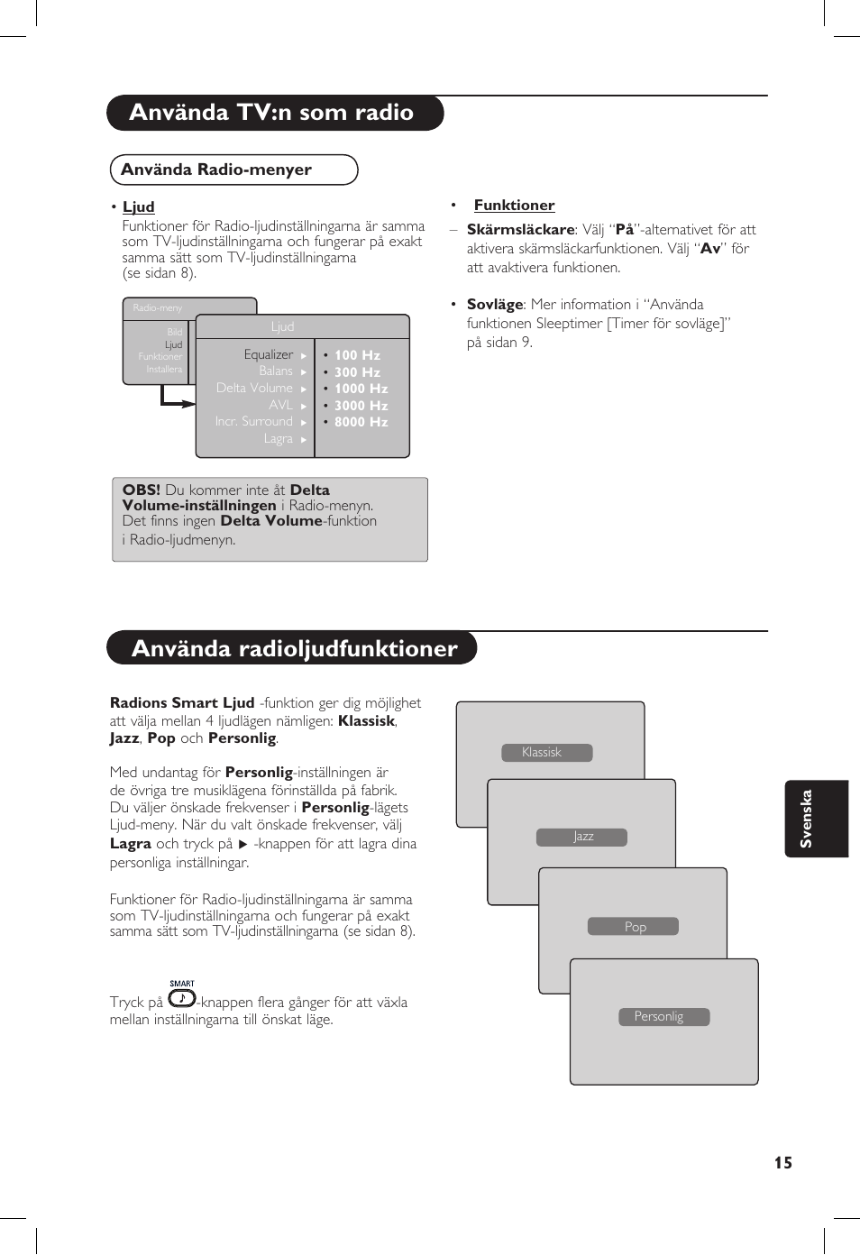 Använda tv:n som radio, Använda radioljudfunktioner, Använda radio-menyer | Philips 20PF User Manual | Page 197 / 272