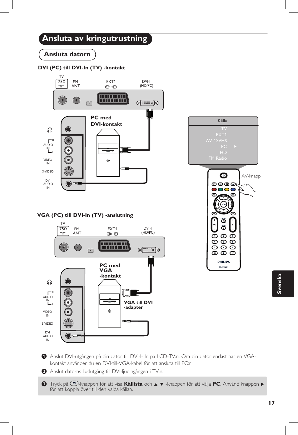 Ansluta av kringutrustning, Ansluta datorn, Svenska | Philips 20PF User Manual | Page 199 / 272