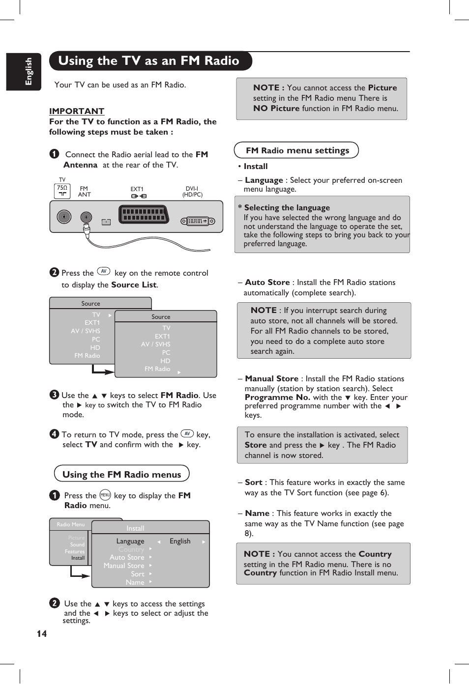 Using the tv as an fm radio, Using the fm radio menus, Menu settings | Philips 20PF User Manual | Page 20 / 272