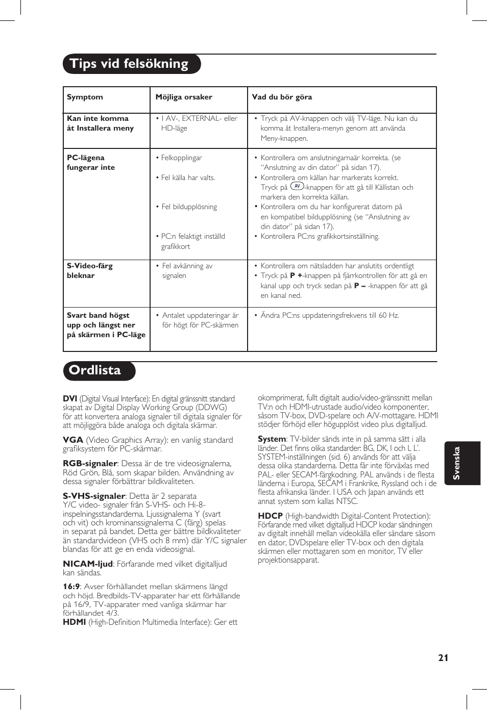 Ordlista, Tips vid felsökning | Philips 20PF User Manual | Page 203 / 272