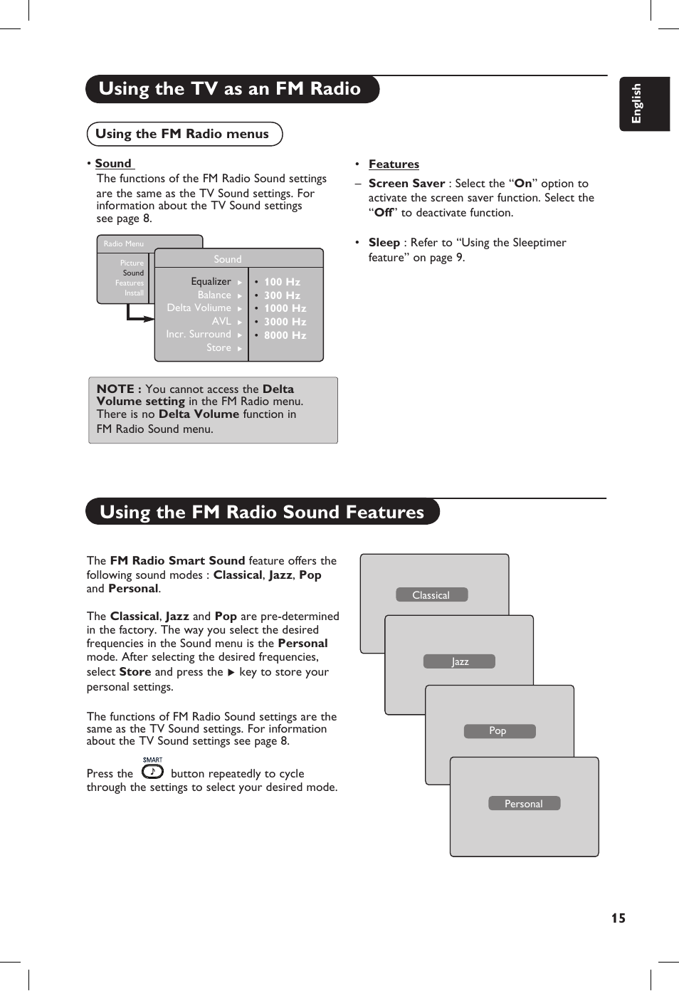 Using the tv as an fm radio, Using the fm radio sound features | Philips 20PF User Manual | Page 21 / 272