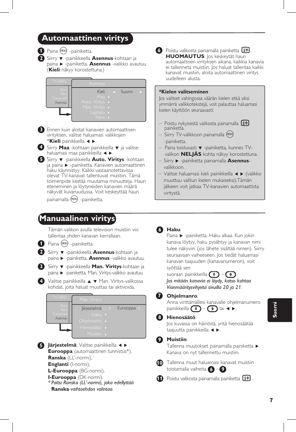 Manuaalinen viritys, Automaattinen viritys | Philips 20PF User Manual | Page 211 / 272