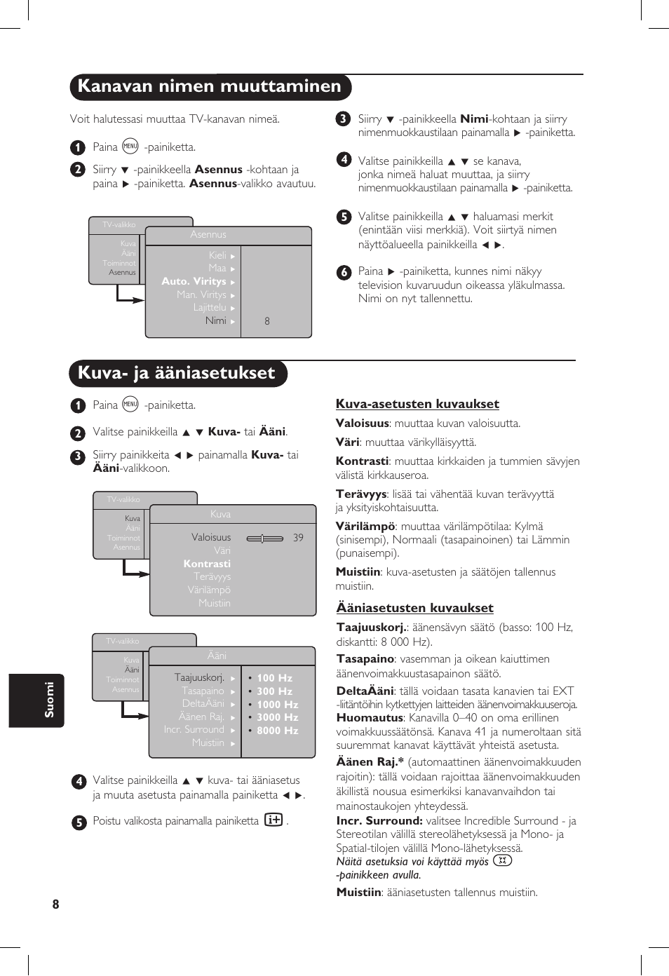 Kanavan nimen muuttaminen, Kuva- ja ääniasetukset, Kuva-asetusten kuvaukset | Ääniasetusten kuvaukset | Philips 20PF User Manual | Page 212 / 272