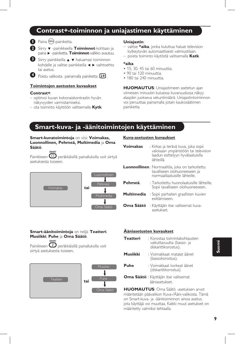 Contrast+-toiminnon ja uniajastimen käyttäminen, Smart-kuva- ja -äänitoimintojen käyttäminen | Philips 20PF User Manual | Page 213 / 272