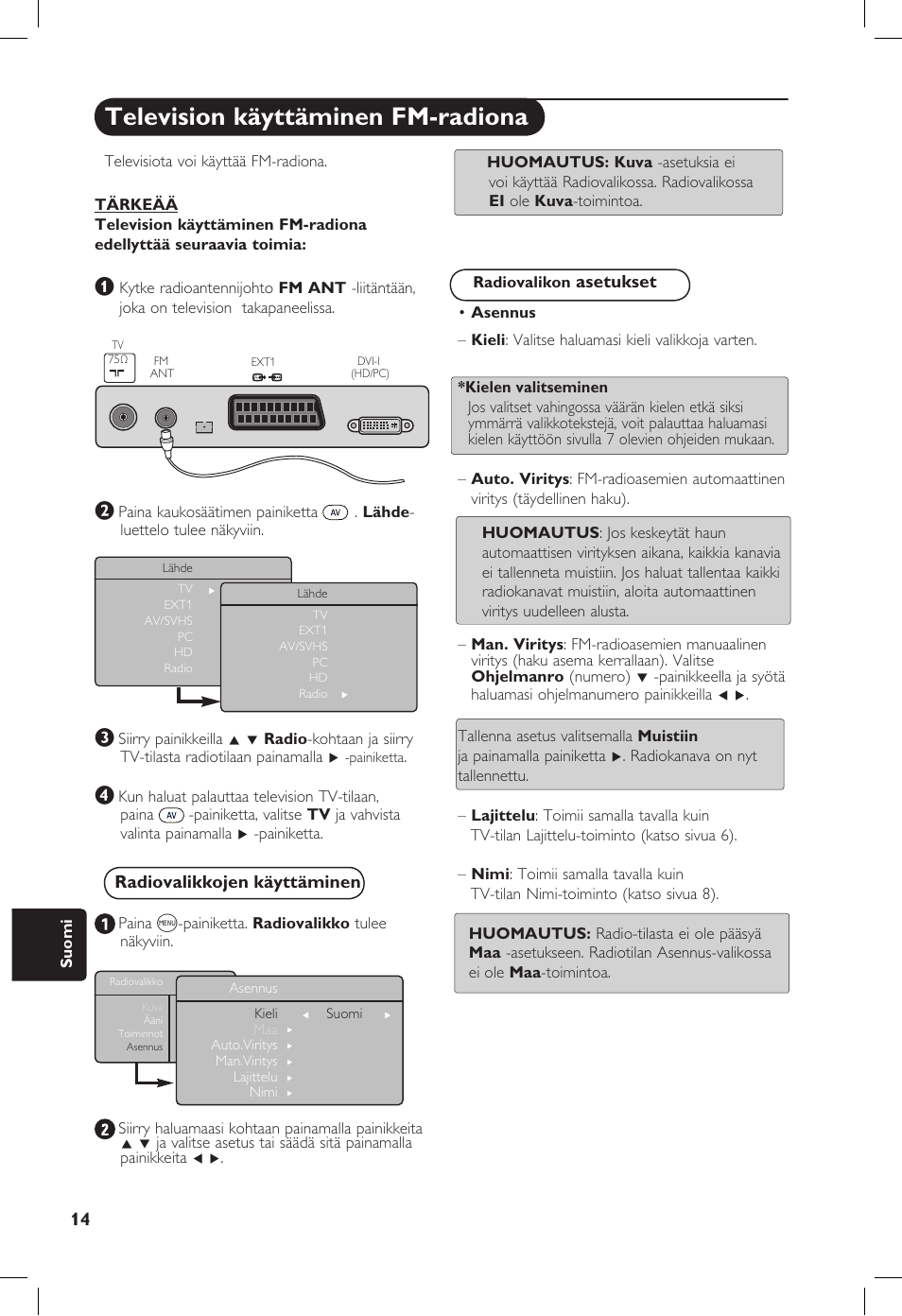 Television käyttäminen fm-radiona, Asetukset, Radiovalikkojen käyttäminen | Philips 20PF User Manual | Page 218 / 272