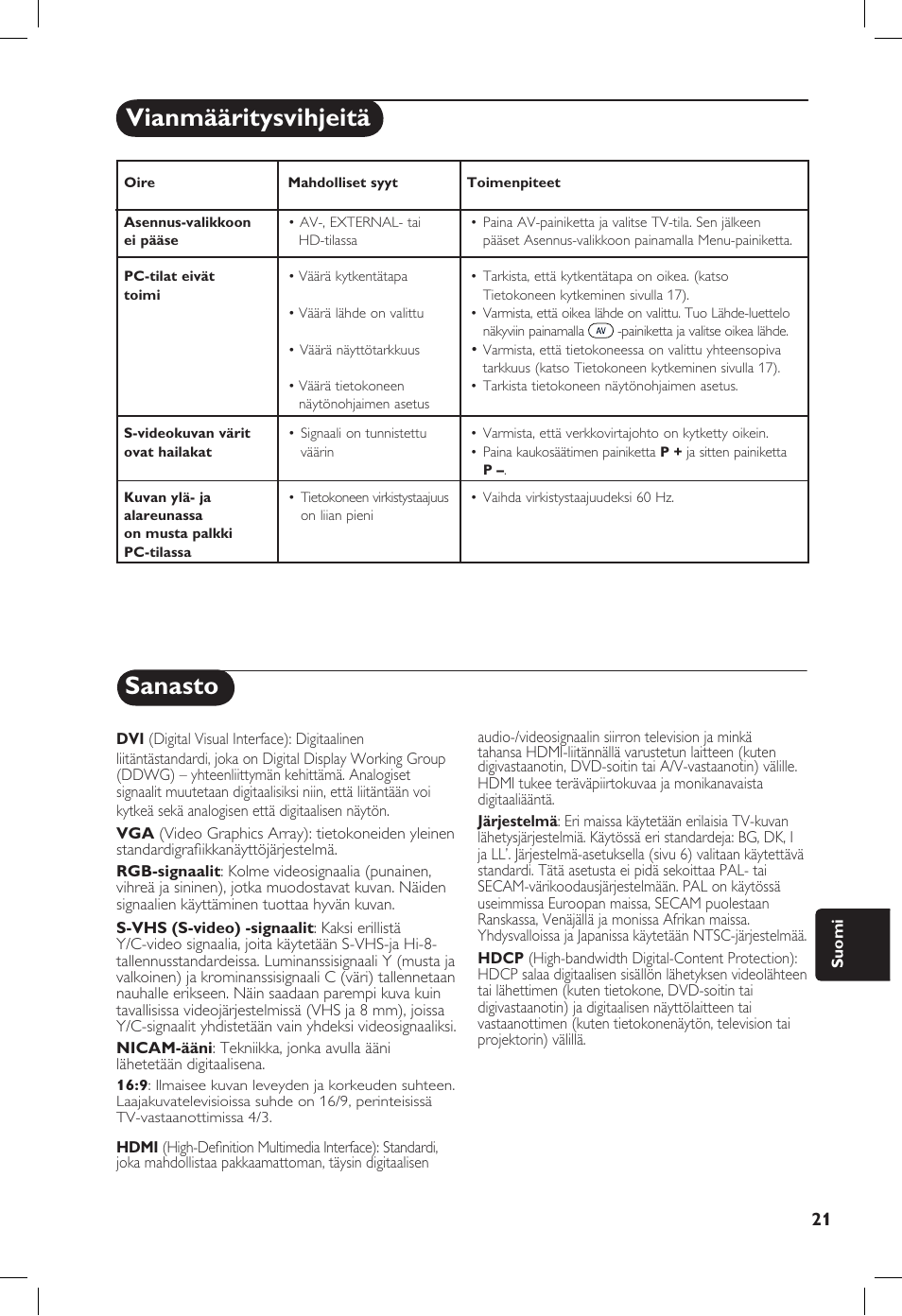 Sanasto, Vianmääritysvihjeitä | Philips 20PF User Manual | Page 225 / 272