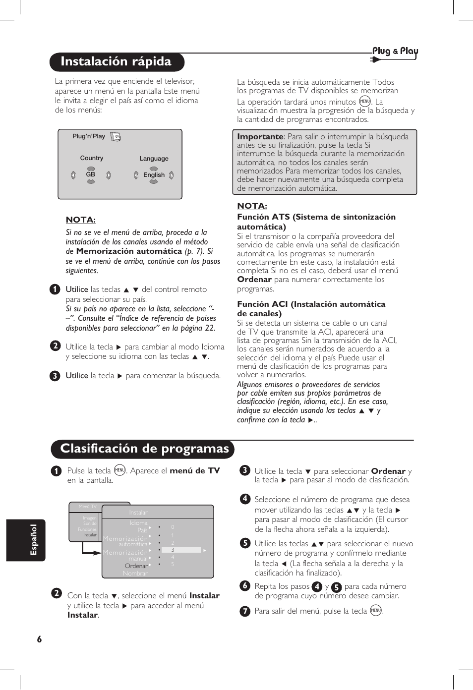 Instalación rápida, Clasificación de programas | Philips 20PF User Manual | Page 232 / 272