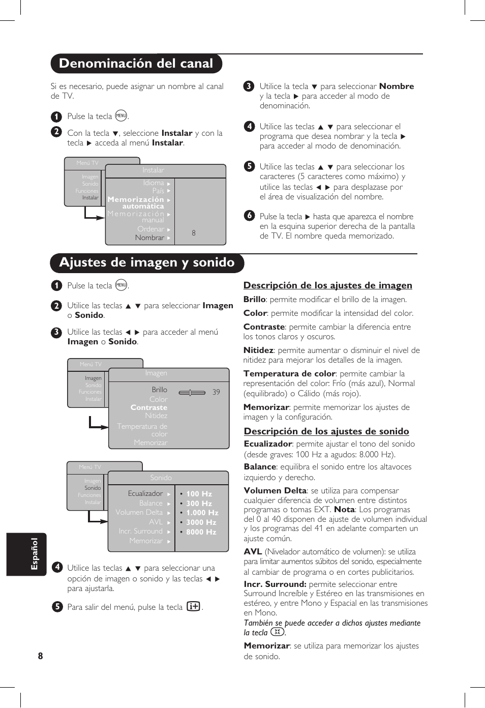 Denominación del canal, Ajustes de imagen y sonido, Descripción de los ajustes de imagen | Descripción de los ajustes de sonido | Philips 20PF User Manual | Page 234 / 272