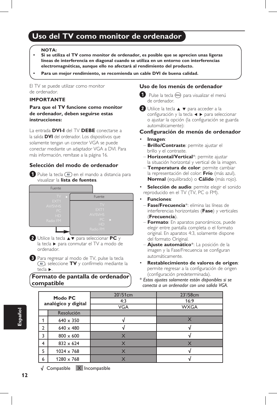 Uso del tv como monitor de ordenador, Formato de pantalla de ordenador compatible | Philips 20PF User Manual | Page 238 / 272