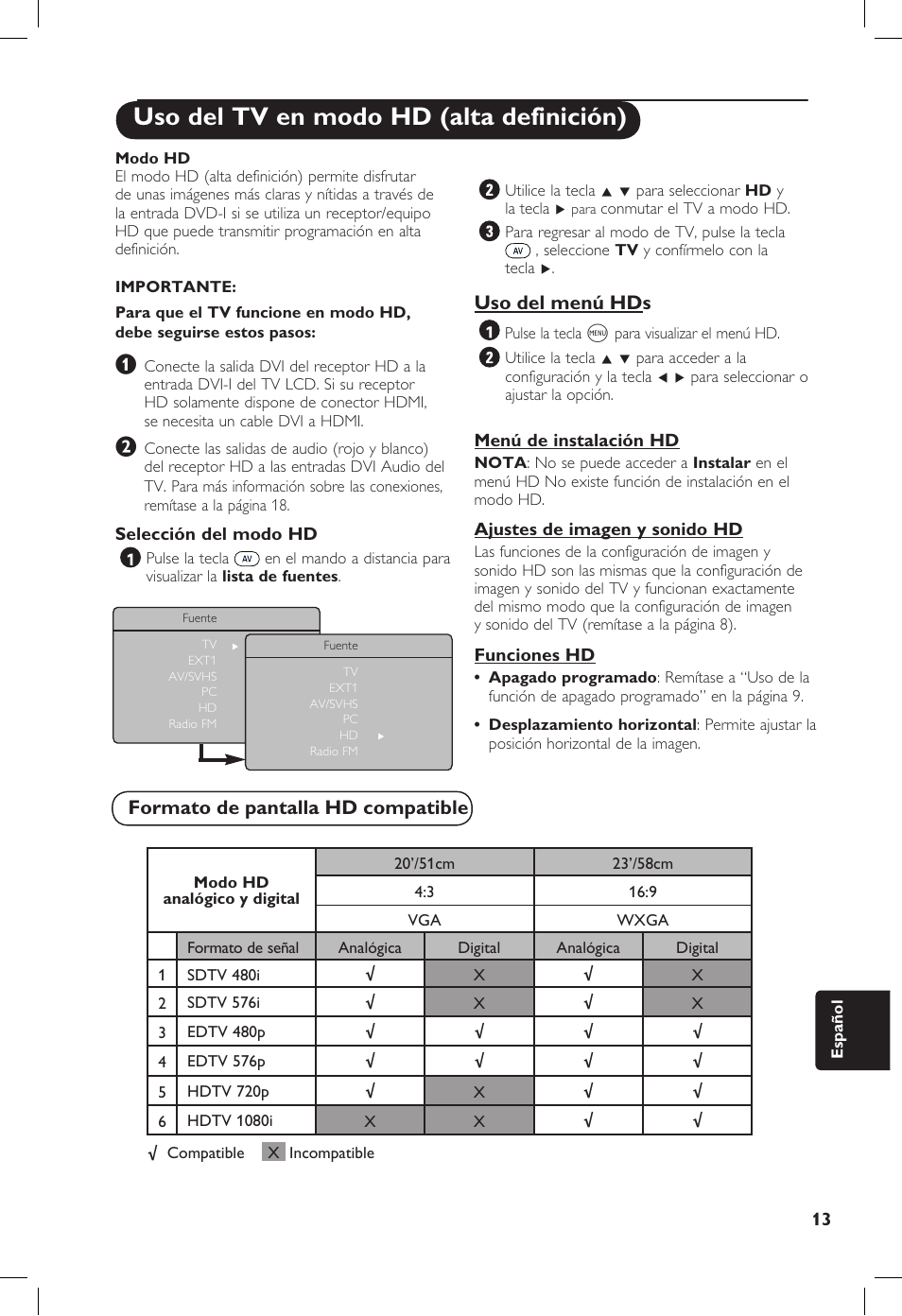 Uso del tv en modo hd (alta definición), Uso del menú hds, Formato de pantalla hd compatible | Philips 20PF User Manual | Page 239 / 272