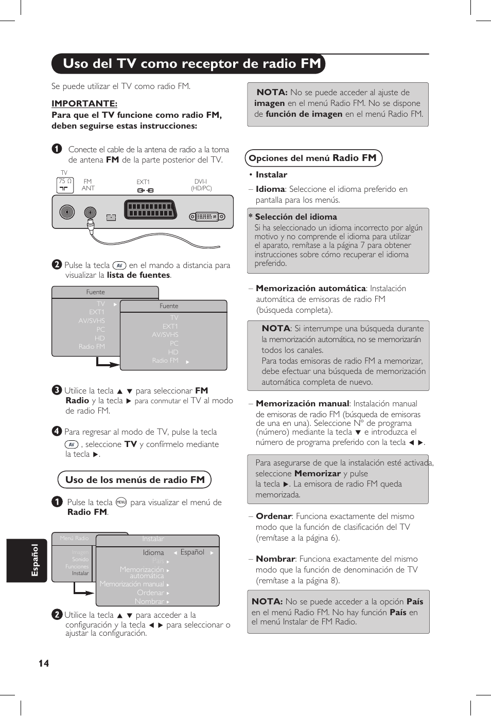 Uso del tv como receptor de radio fm, Radio fm, Uso de los menús de radio fm | Philips 20PF User Manual | Page 240 / 272