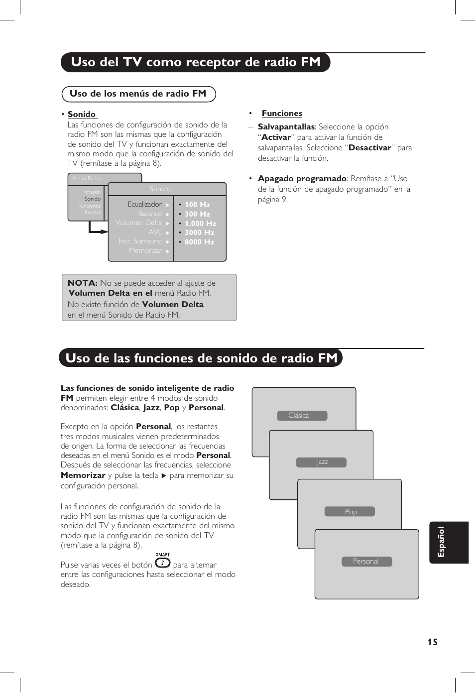 Uso del tv como receptor de radio fm, Uso de las funciones de sonido de radio fm, Uso de los menús de radio fm | Philips 20PF User Manual | Page 241 / 272